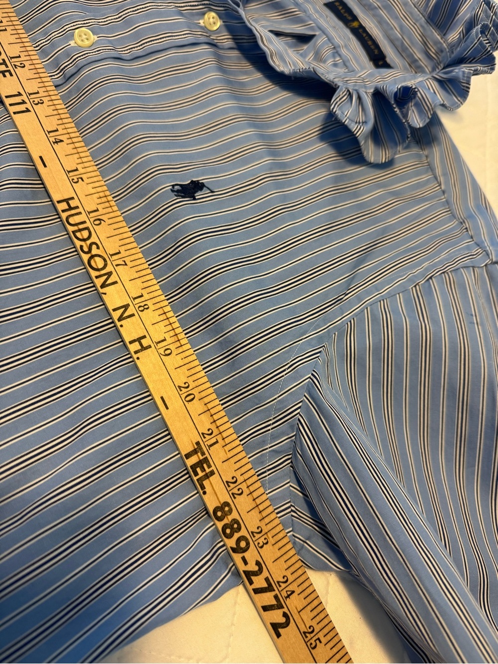 Reimagined RLauren Blue/White/navyStriped Ruffle-Collar Button-Down Shirt - Picture 6 of 7